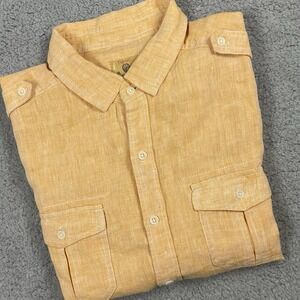 Trevero Men's Orange Short Sleeve Linen Button Up Shirt Epaulette Size XL